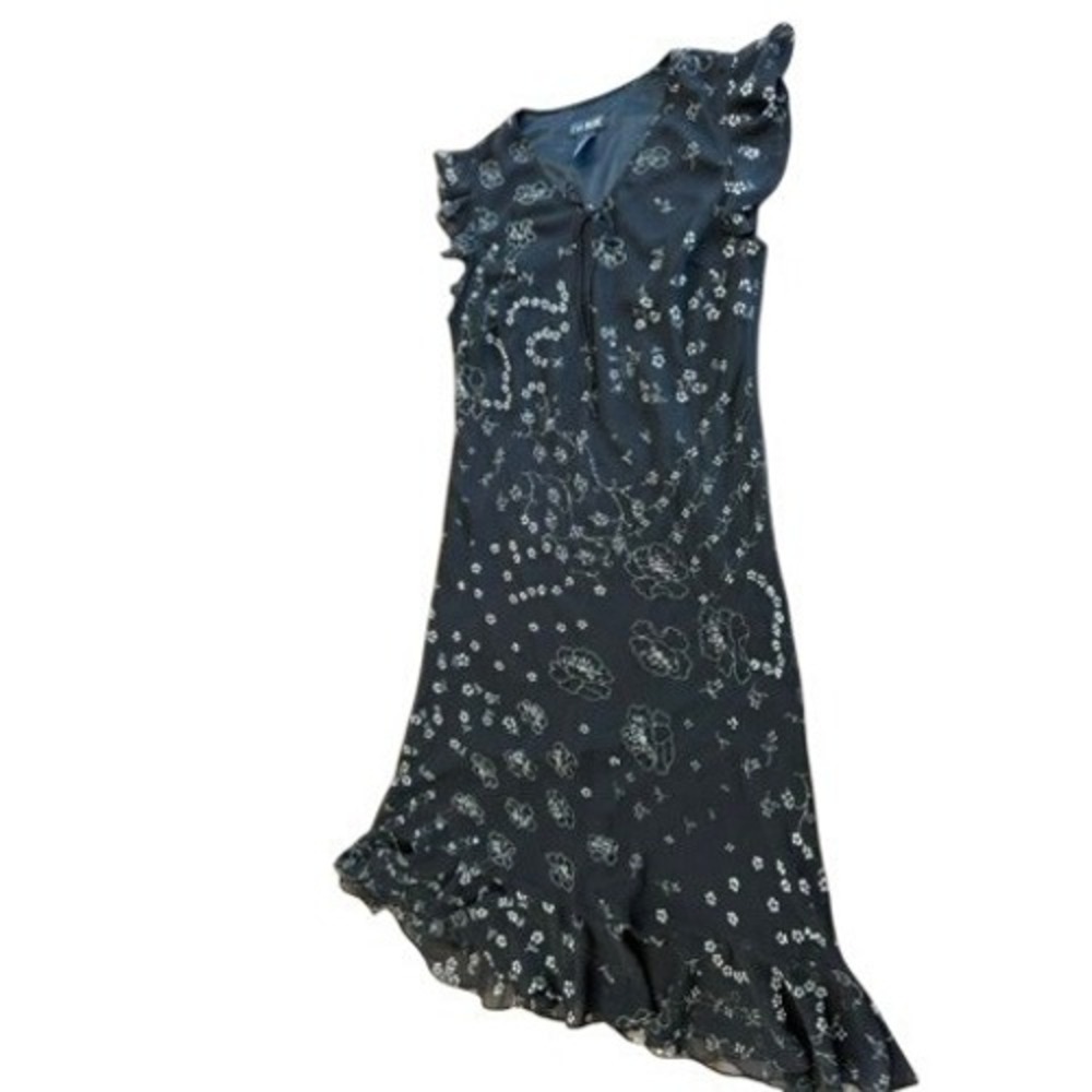 Eva Blue Womens Black Floral Beaded Ruffle‎ Midi Dress Size 8  V-Neck Y2K Fairy